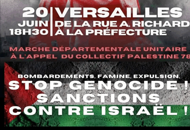 Lire la suite à propos de l’article Pour dire stop au génocide à Gaza : manifestation Versailles 20 juin à 18h30