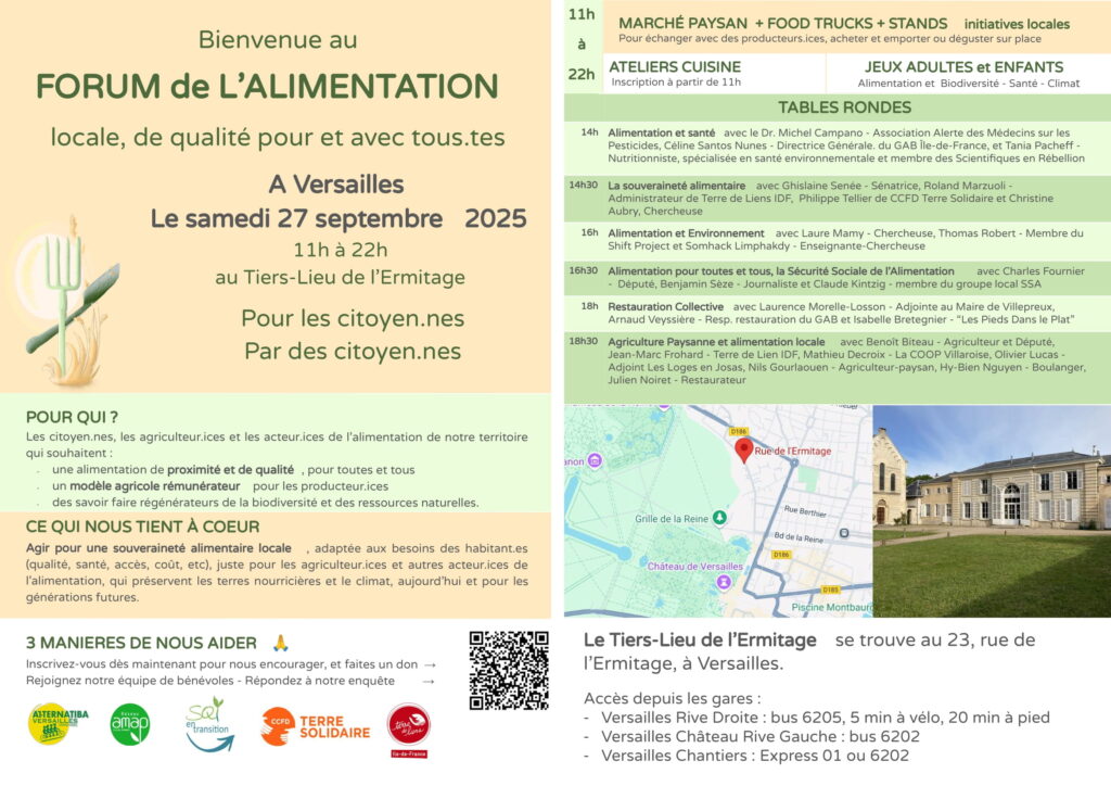 Affiche du forum de l'alimentation du 27/9 à Versailles, y compris le programme