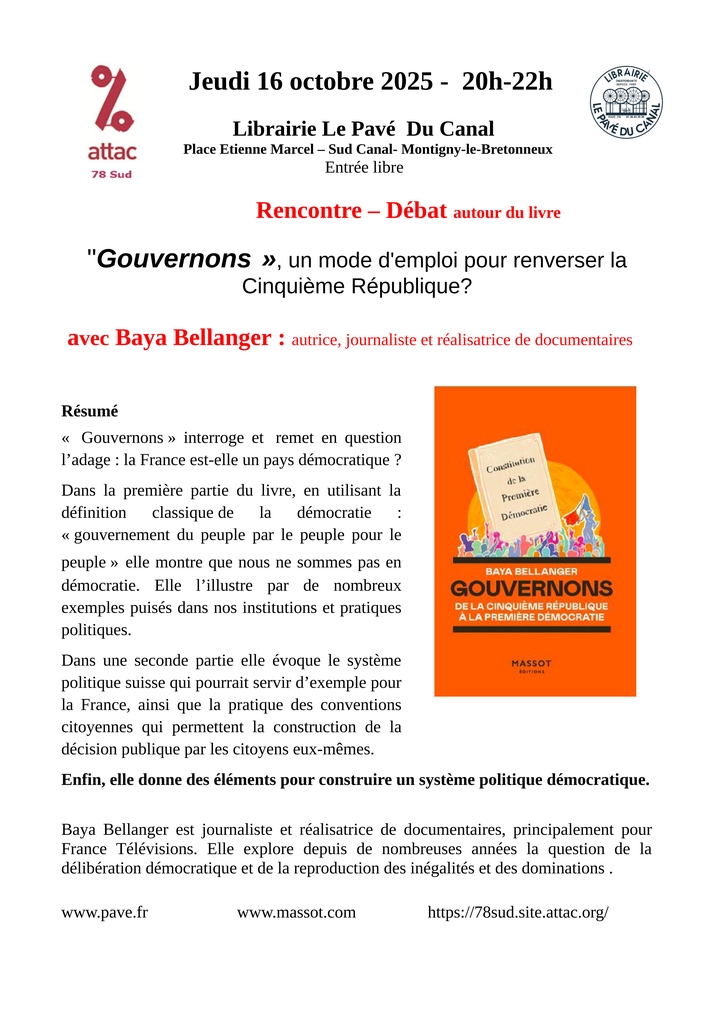 Affiche pour l'événement rencontre-débat autour du livre "Gouvernons" de Baya Bellanger. Le 16 octobre, de 10h à 22h à la librairie le Pavé du Canal à Montigny le Bretonneux