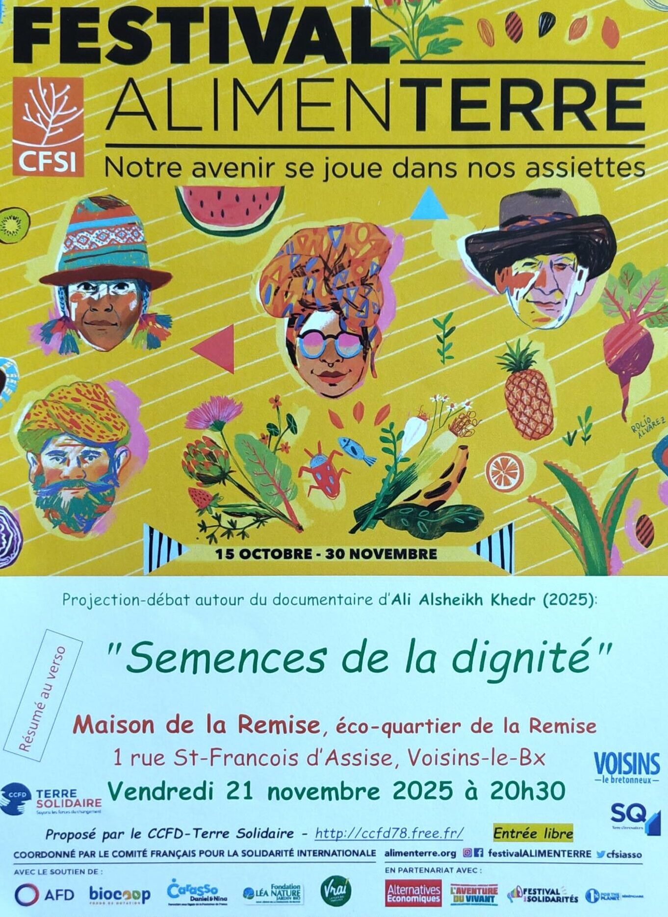 Affiche du festival alimentaire. Vendredi 21 novembre, 20h30, ciné-débat organisé par l'équipe locale du CCFD-Terre solidaire autour du documentaire (durée 30 min) "Semences de la dignité". Maison de la Remise, éco-quartier de la Remise, 1, rue St-François d'Assise à Voisins-le Bretonneux.