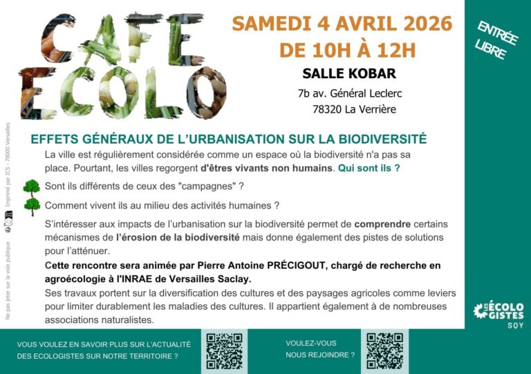 Lire la suite à propos de l’article Débat – café écolo : « les effets généraux de l&rsquo;urbanisation sur la biodiversité », samedi 4 avril, 10h-12h