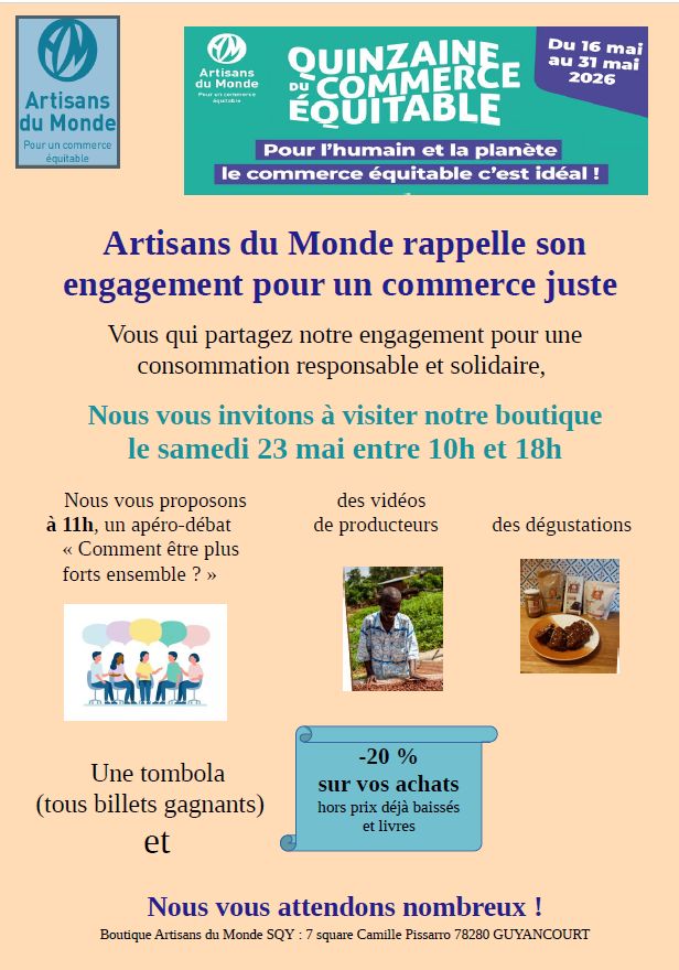 Lire la suite à propos de l’article 23 mai de 10h à 18h – Portes ouvertes à la boutique Artisans du Monde et apéro équitable à 11h : « Comment être plus forts ensemble »
